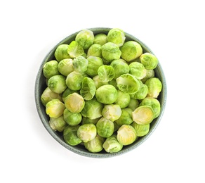 Photo of Bowl of fresh Brussels sprouts isolated on white, top view