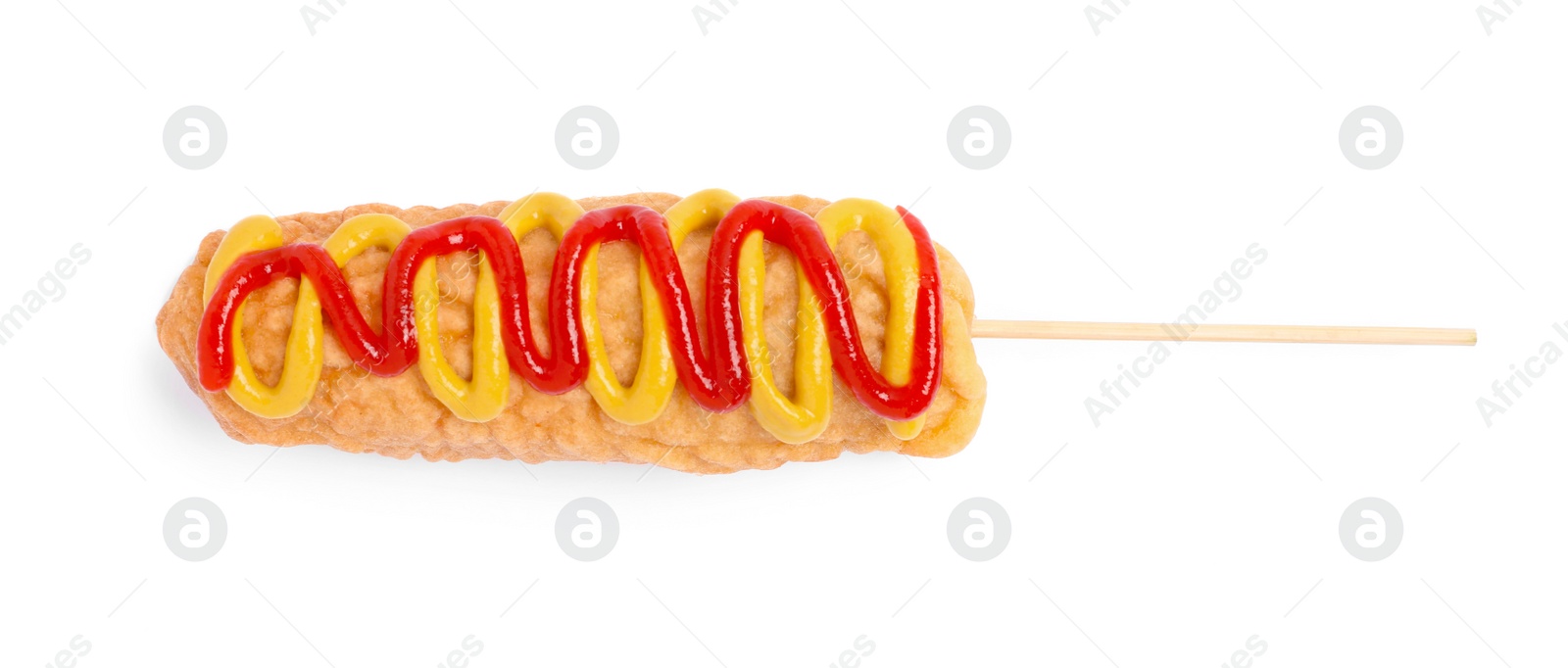 Photo of Delicious deep fried corn dog with sauces isolated on white, top view