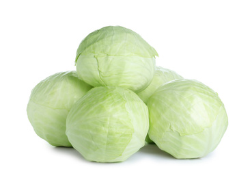 Photo of Whole fresh ripe cabbages isolated on white