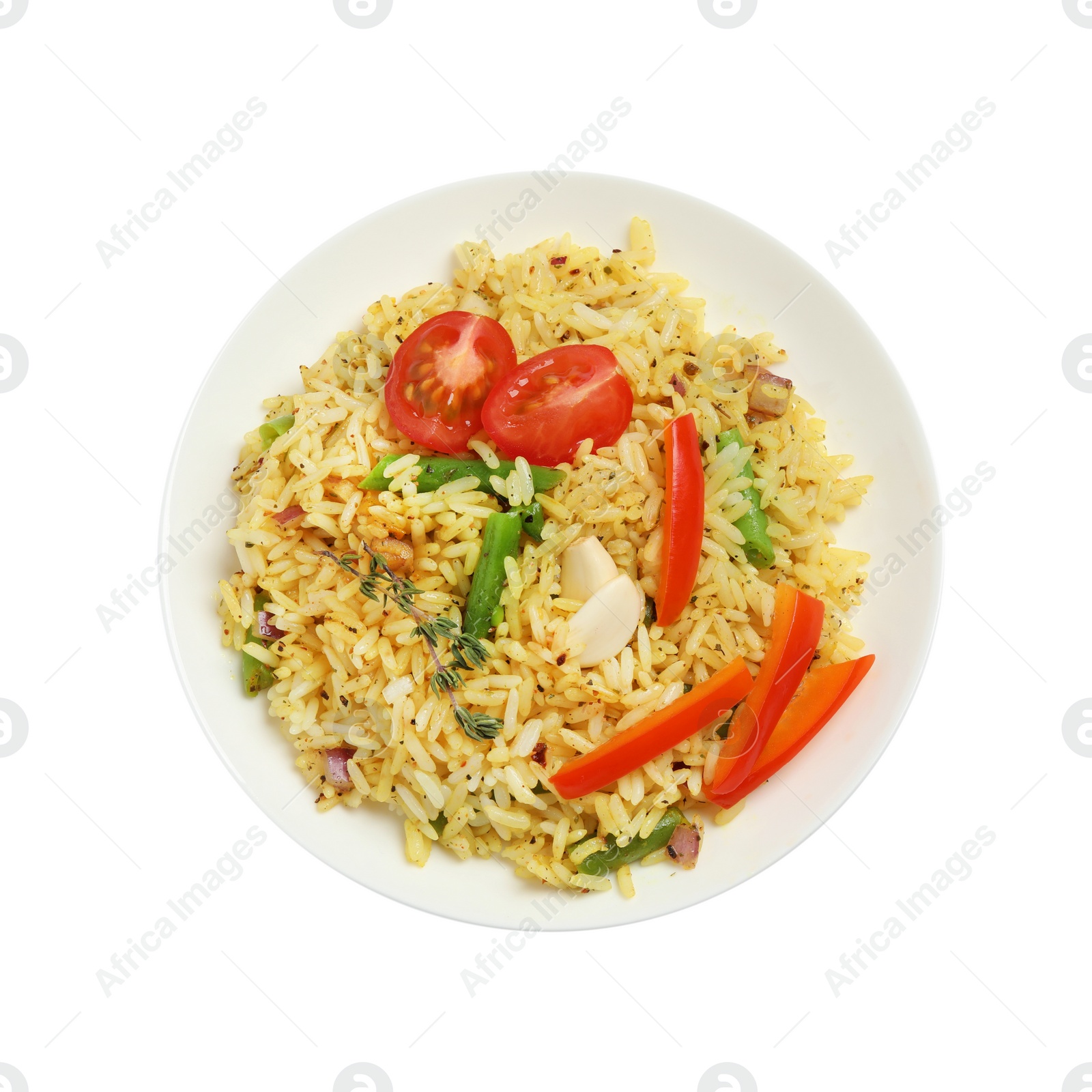 Photo of Tasty rice pilaf with vegetables isolated on white, top view