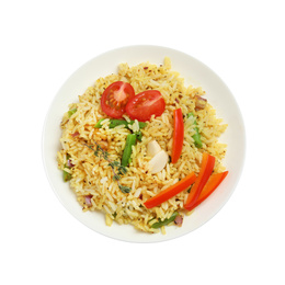 Photo of Tasty rice pilaf with vegetables isolated on white, top view