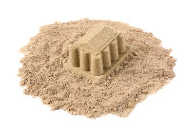 Photo of Pile of sand with beautiful castle isolated on white. Outdoor play