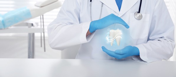 Dentist demonstrating virtual model of healthy tooth indoors, closeup. Banner design
