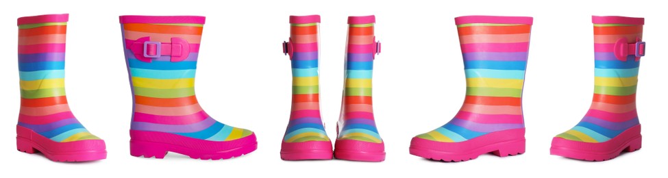 Set with color rubber boots on white background. Banner design