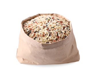 Photo of Mix of brown rice in paper bag isolated on white