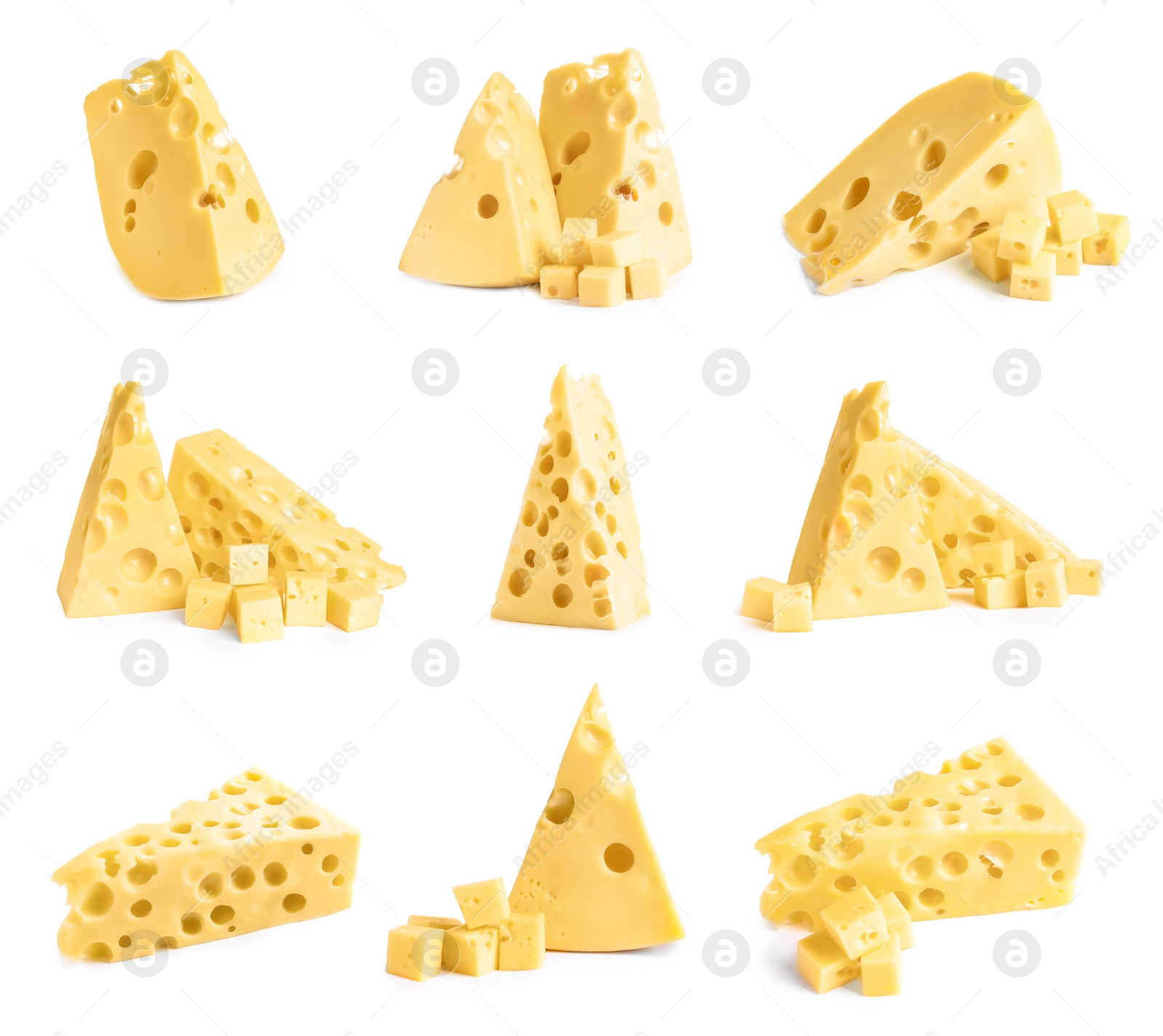 Image of Set with pieces of delicious cheese on white background 