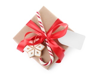 Photo of Christmas gift box with decoration on white background, top view