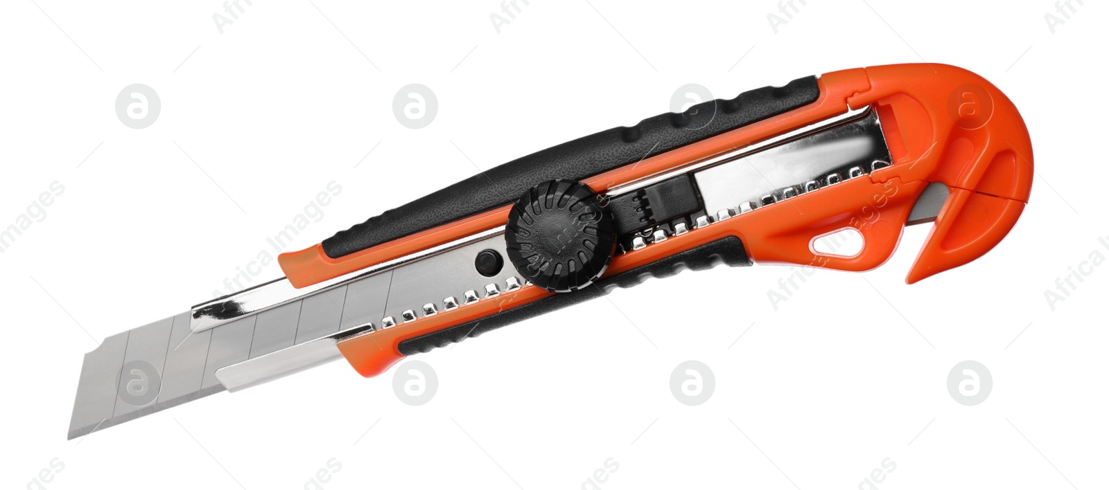 Photo of Orange utility knife isolated on white. Construction tool