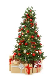 Photo of Beautiful decorated Christmas tree with gift boxes on white background