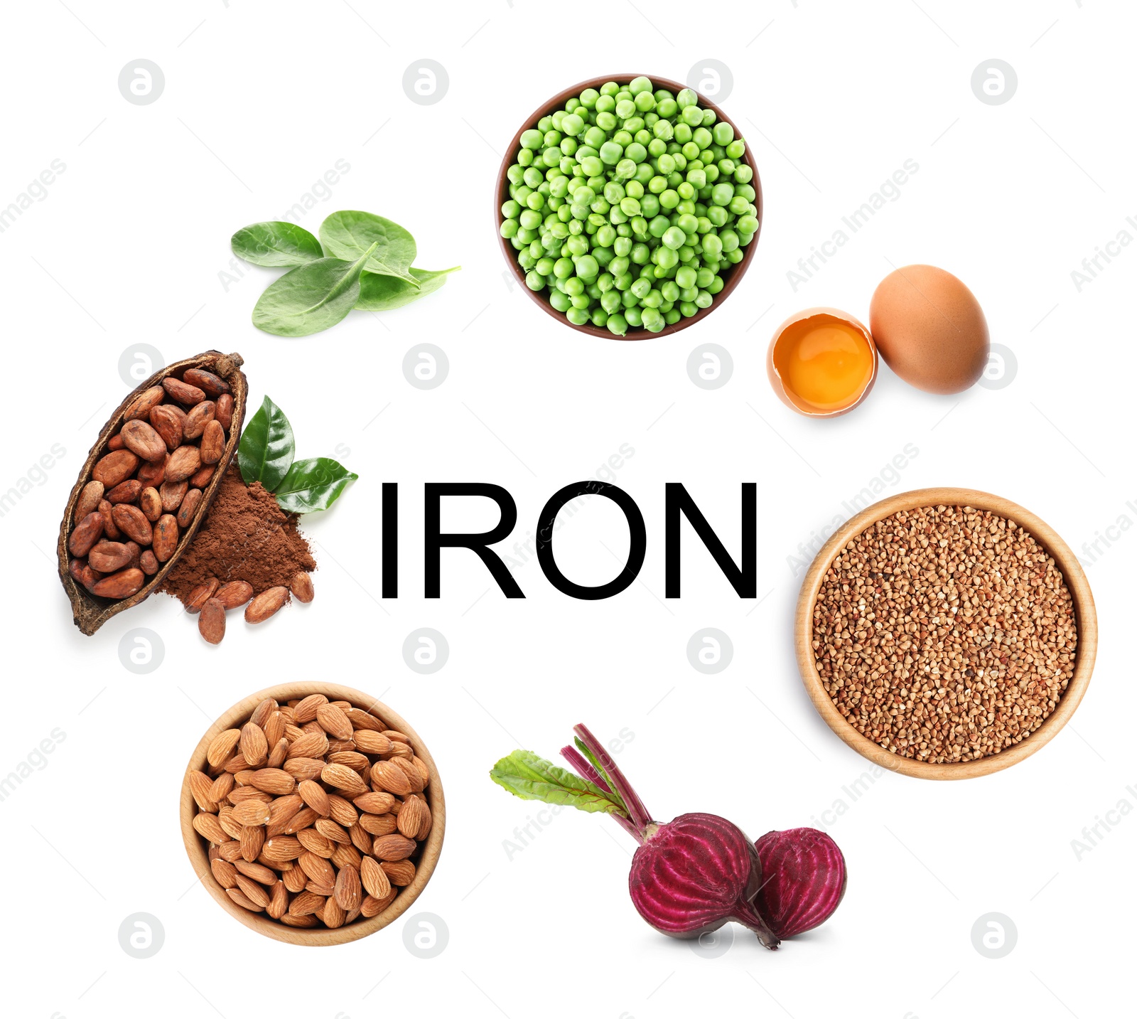 Image of Set with fresh products rich in iron on white background, top view 