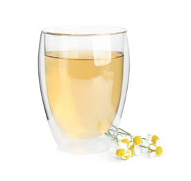 Delicious chamomile tea in glass isolated on white