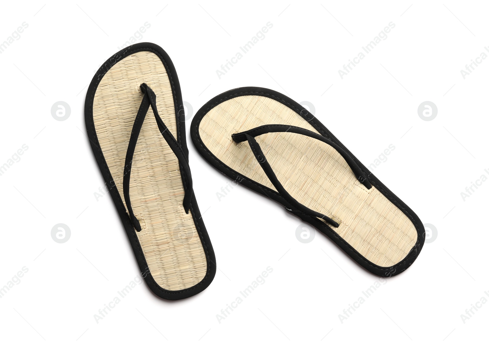 Photo of Pair of stylish flip flops on white background, top view