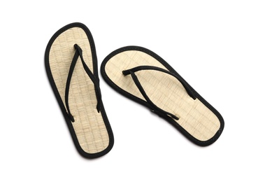 Photo of Pair of stylish flip flops on white background, top view