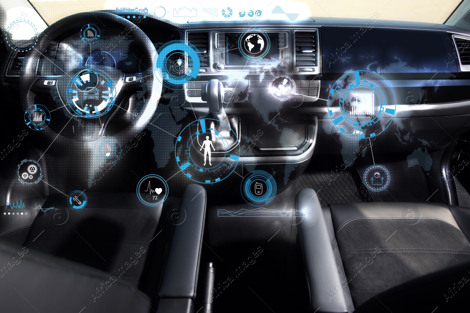 Image of Futuristic technology. Car interior with graphical user interface