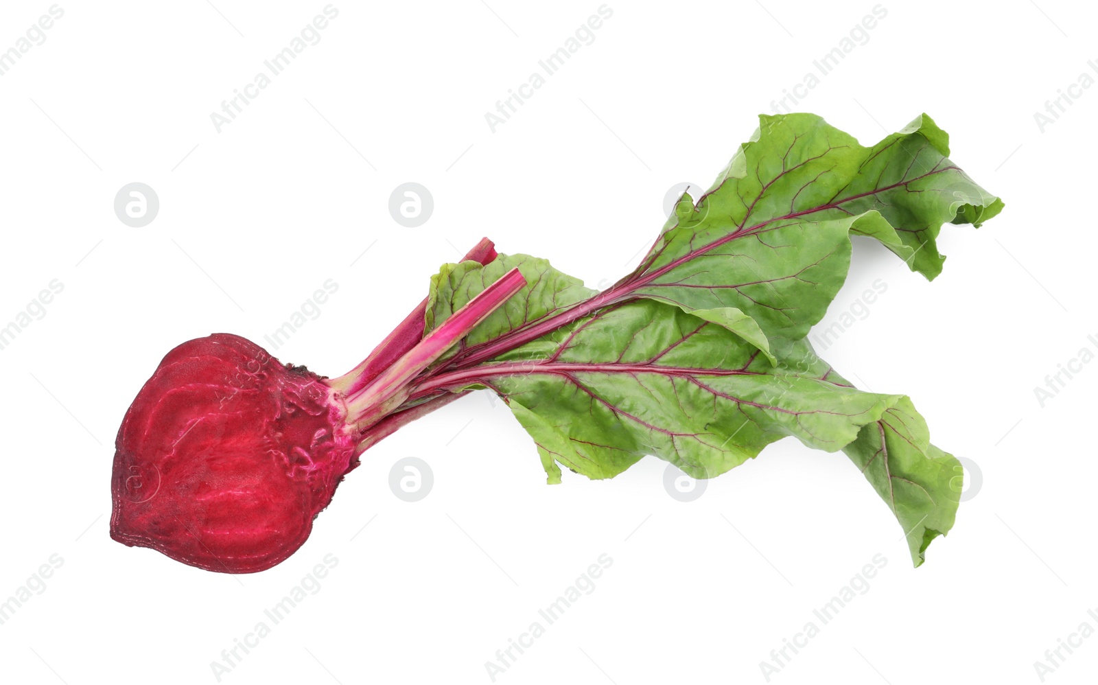 Photo of Cut fresh red beet with leaves on white background, top view