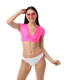 Photo of Beautiful young woman in stylish bikini with sunglasses on white background