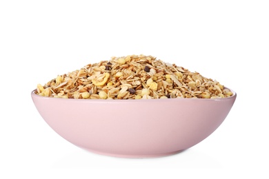 Bowl with fresh muesli on white background