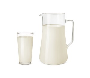 Glass and jug with milk isolated on white