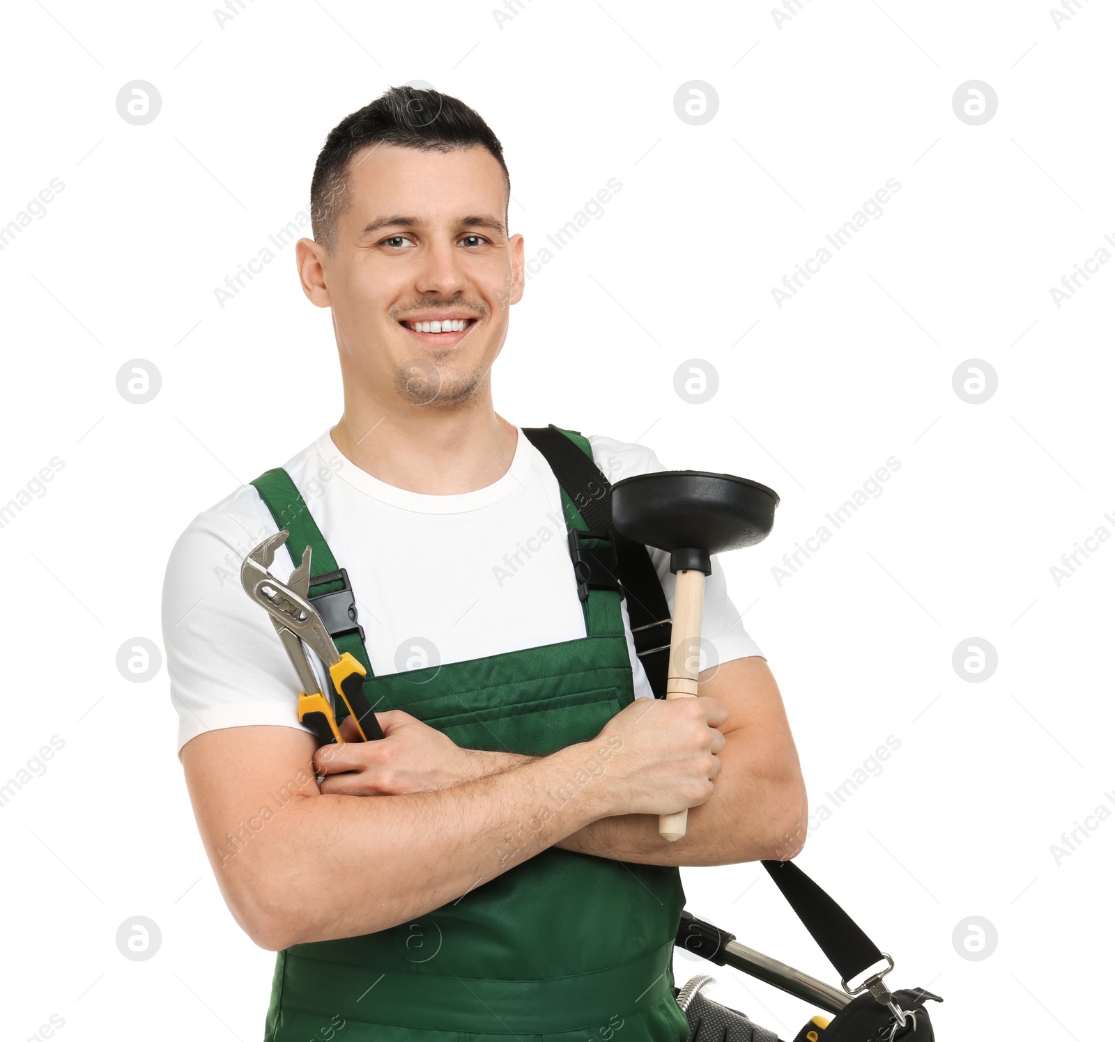 Photo of Young plumber with adjustable wrench and force cup on white background