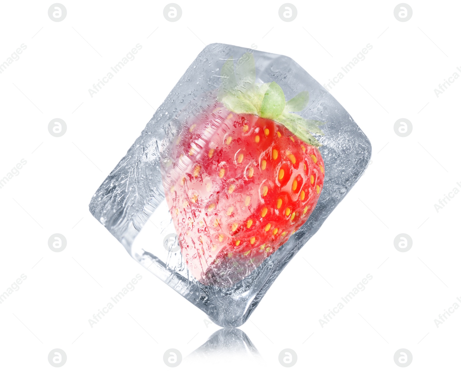 Image of Delicious strawberry frozen in ice isolated on white 