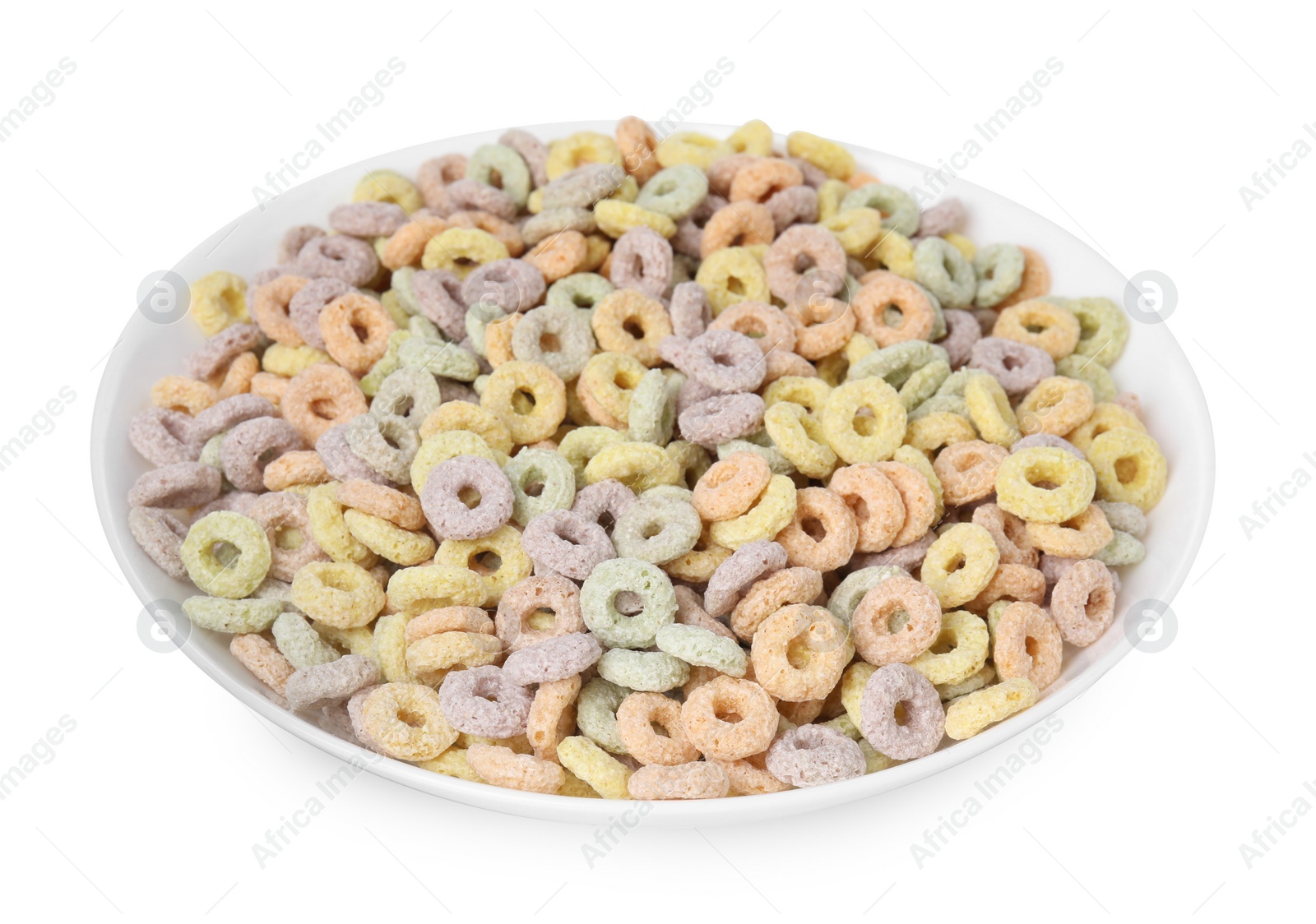 Photo of Tasty cereal rings in bowl isolated on white