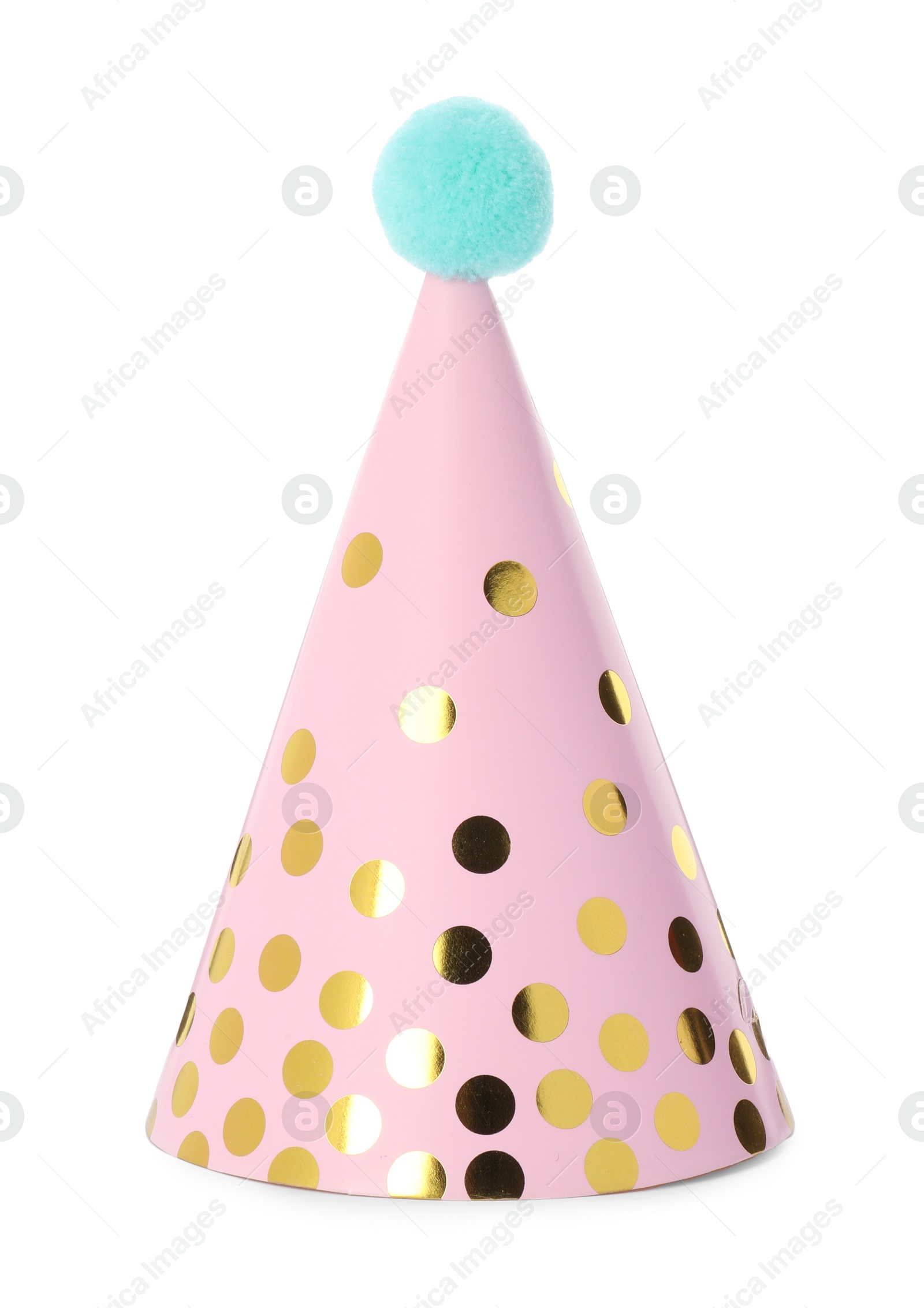 Photo of One pink party hat with pompom isolated on white