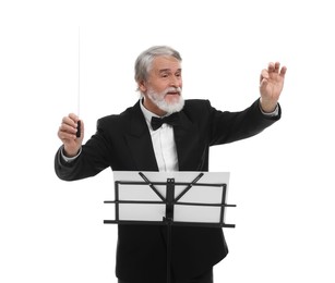 Professional conductor with baton and note stand on white background