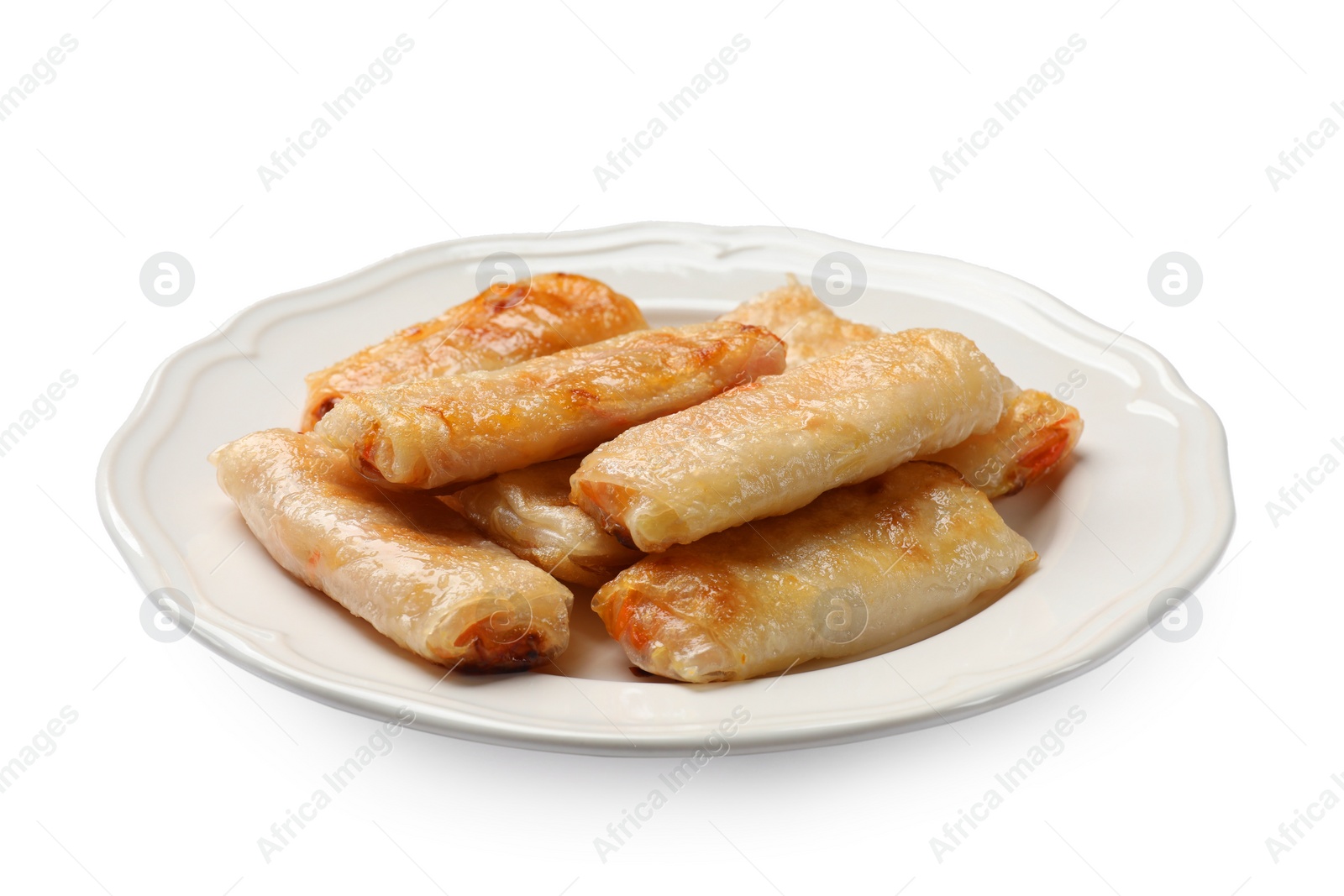 Photo of Tasty fried spring rolls isolated on white