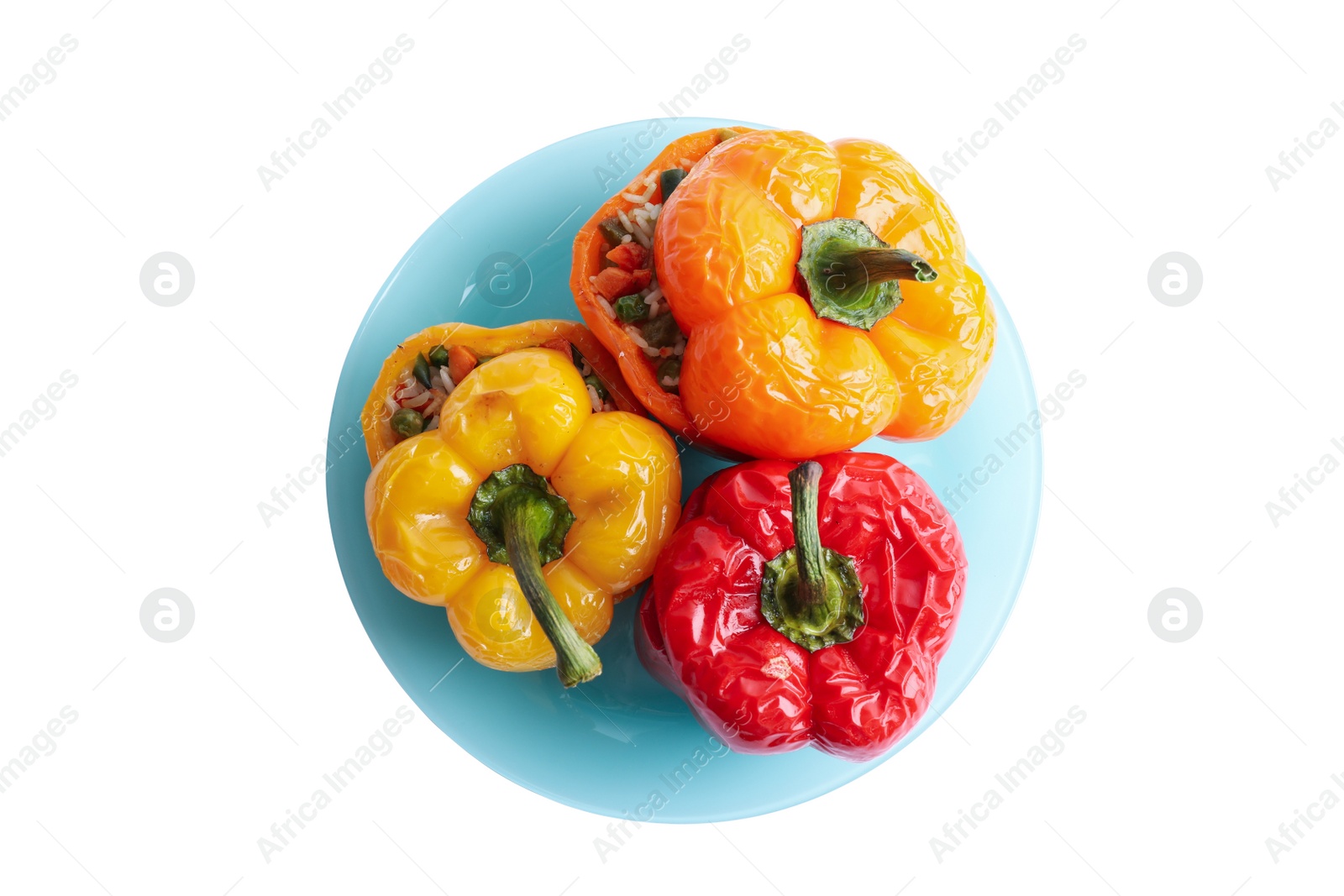 Photo of Tasty stuffed bell peppers isolated on white, top view