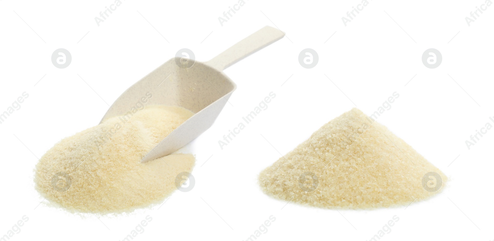 Image of Piles of gelatin powder on white background, collage. Banner design 