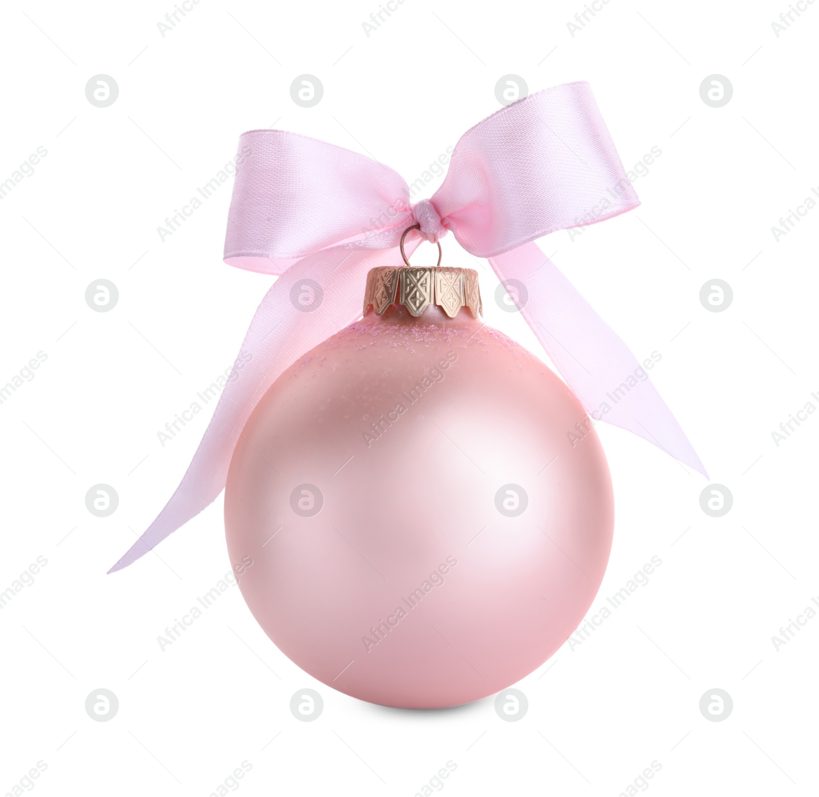 Photo of Beautiful pink Christmas ball with ribbon isolated on white