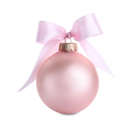 Photo of Beautiful pink Christmas ball with ribbon isolated on white