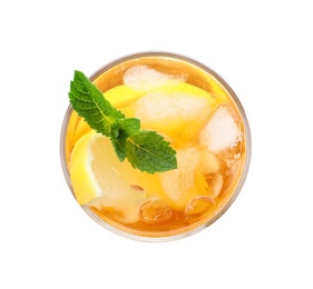 Photo of Delicious iced tea in glass on white background, top view