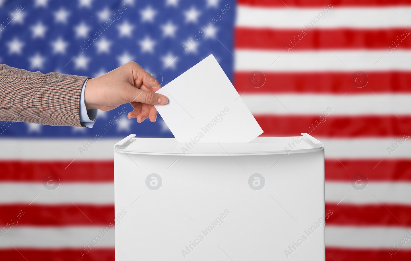 Image of Election in USA. Woman putting her vote into ballot box against national flag of United States, closeup. Banner design