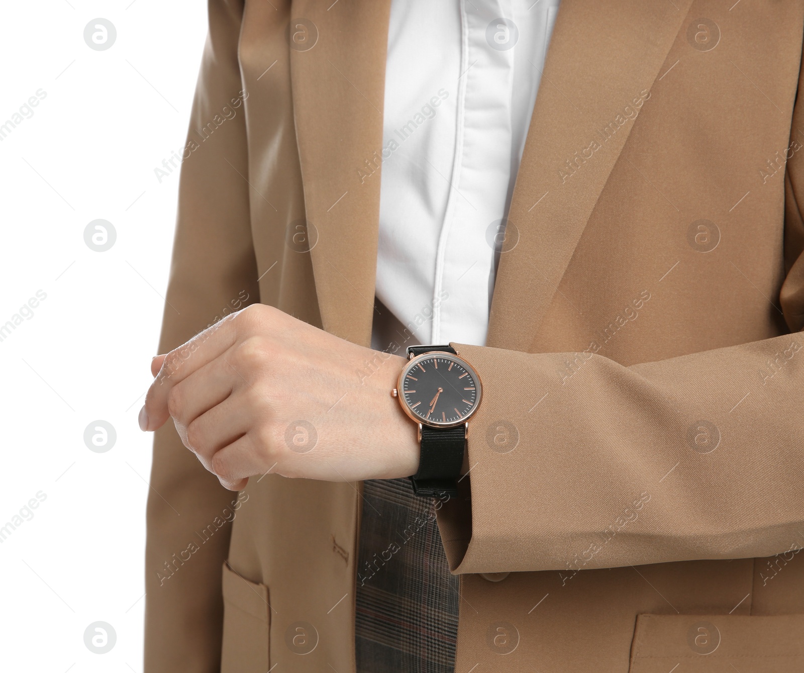 Photo of Businesswoman with wristwatch on white background, closeup. Time management