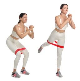 Woman doing sportive exercises with fitness elastic band on white background, collage