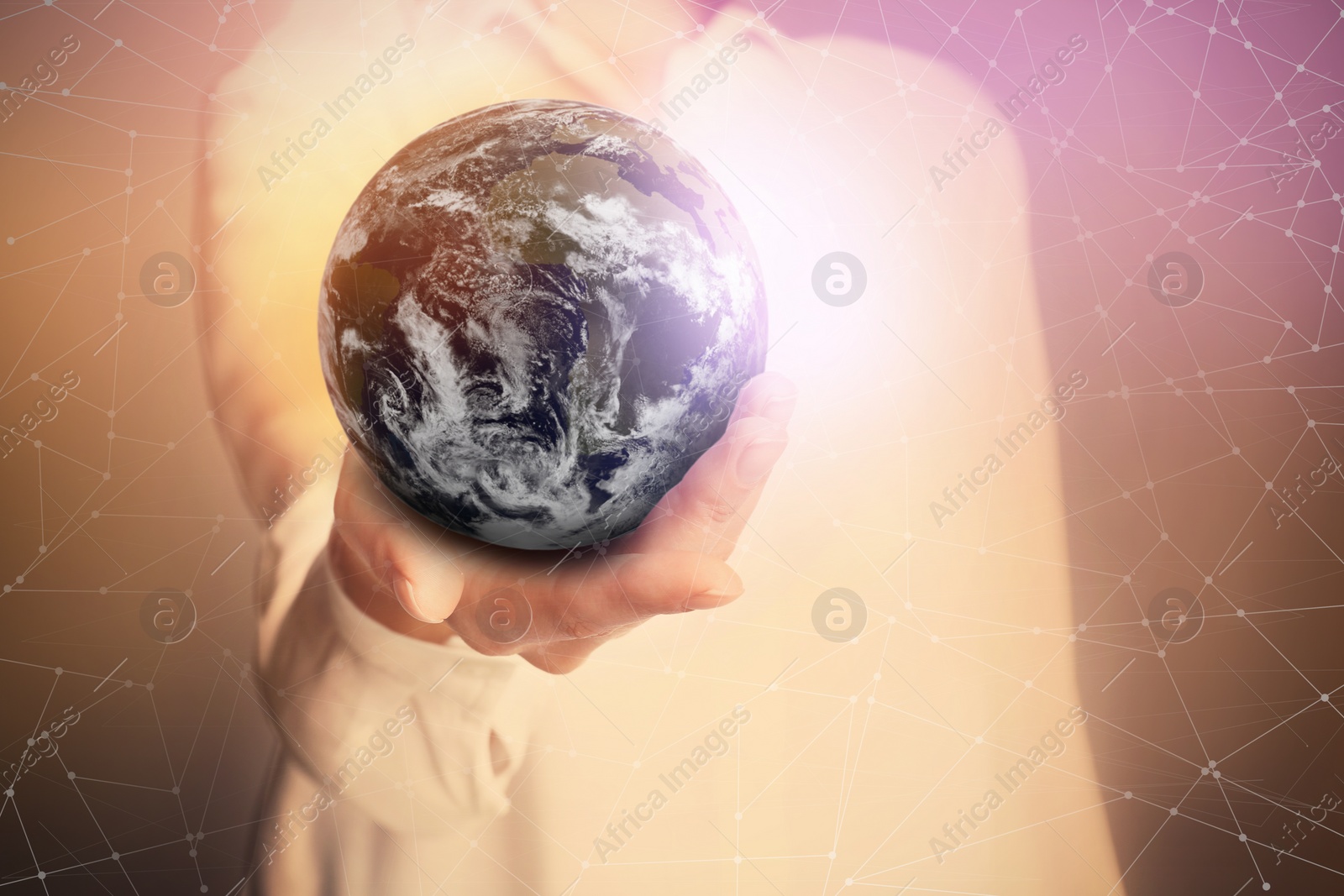 Image of World in our hands. Woman holding digital model of Earth, closeup view 