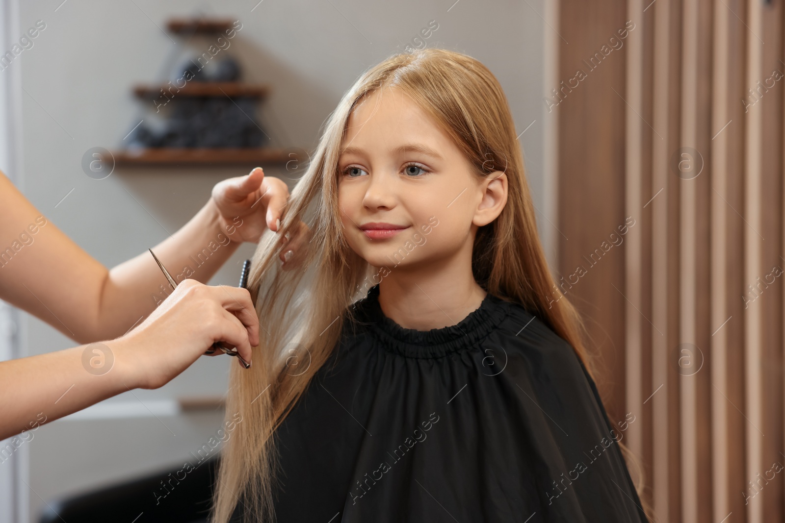 Photo of Professional hairdresser combing girl's hair in beauty salon