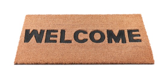 Photo of Stylish door mat with word Welcome on white background