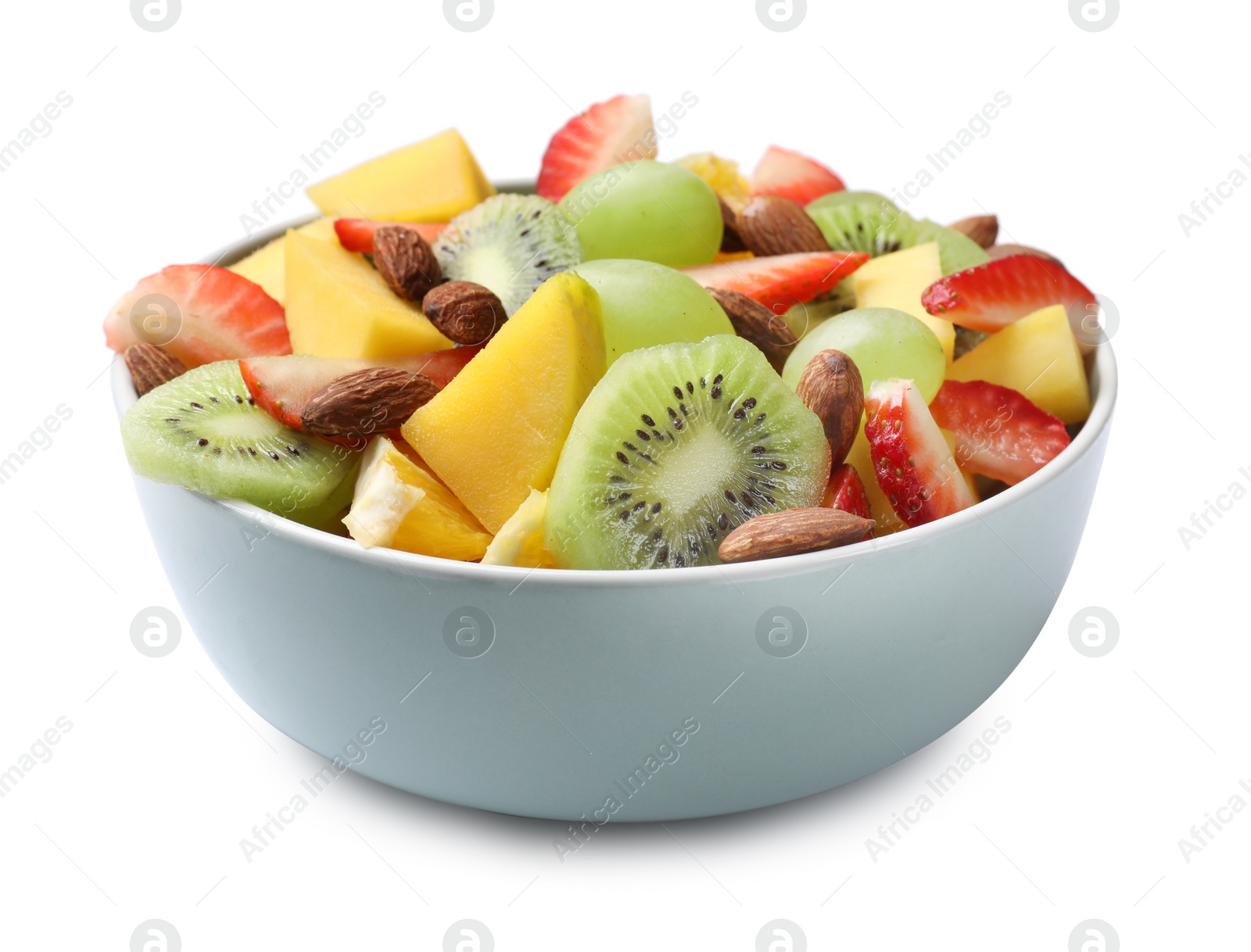Photo of Tasty fruit salad in bowl isolated on white