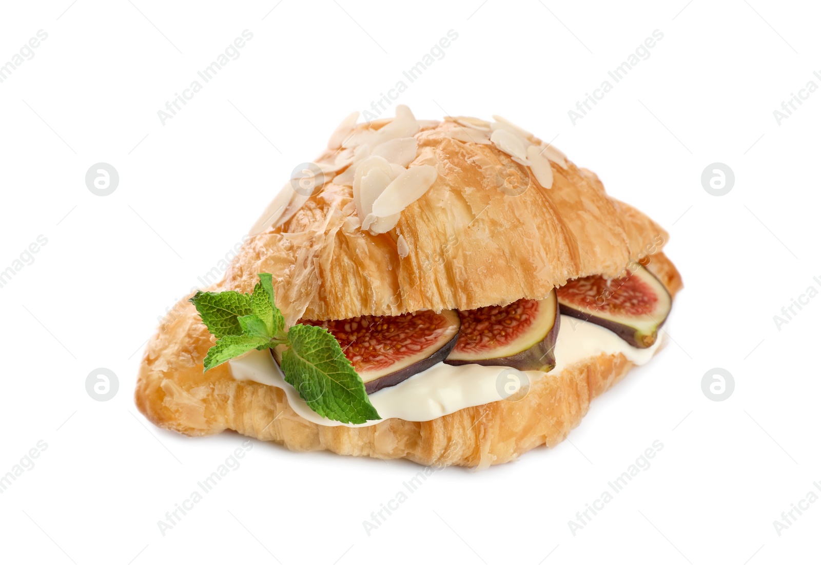 Photo of Delicious croissant with fig and cream cheese isolated on white