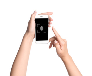 Image of Woman holding smartphone with fingerprint sensor on white background, closeup. Digital identity