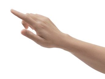 Photo of Man pointing at something on white background, closeup