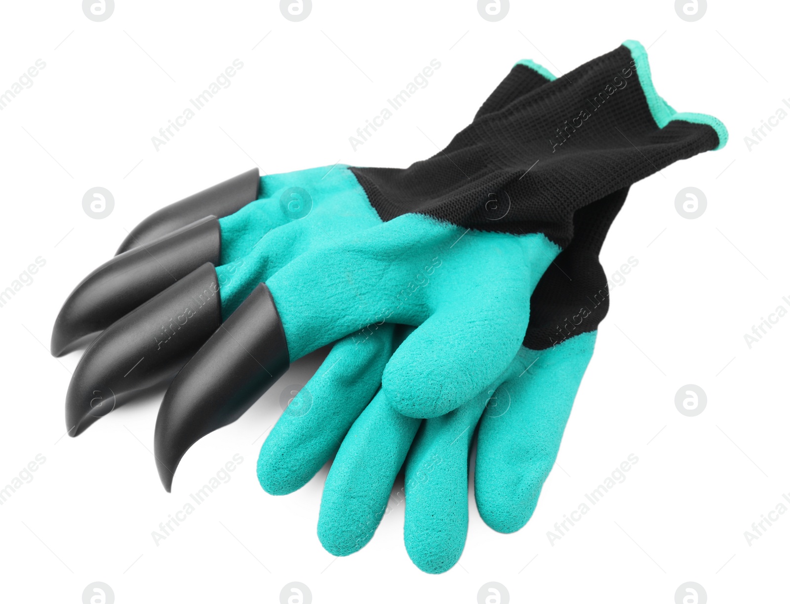 Photo of Pair of claw gardening gloves isolated on white