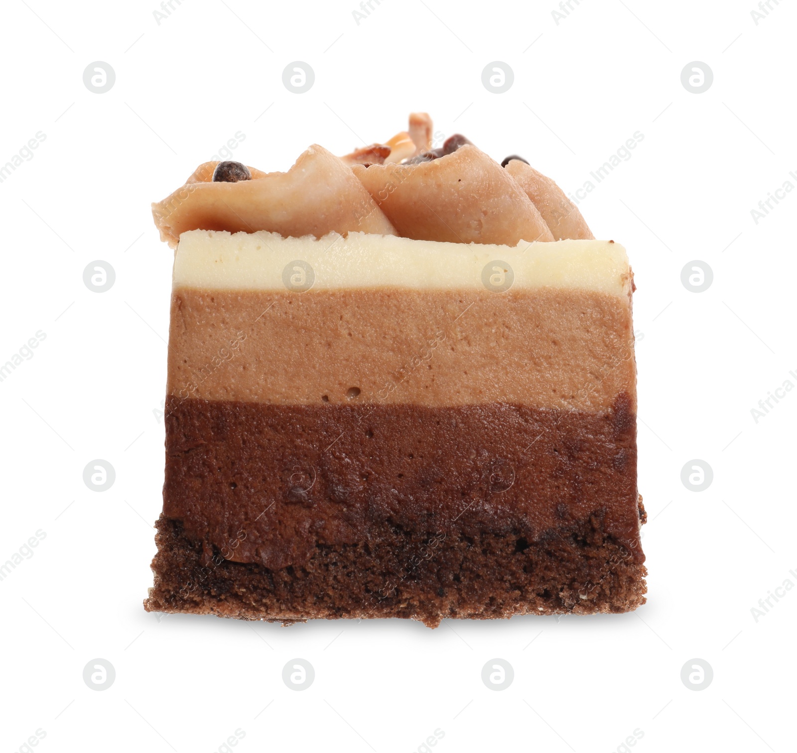 Photo of Triple chocolate mousse cake isolated on white