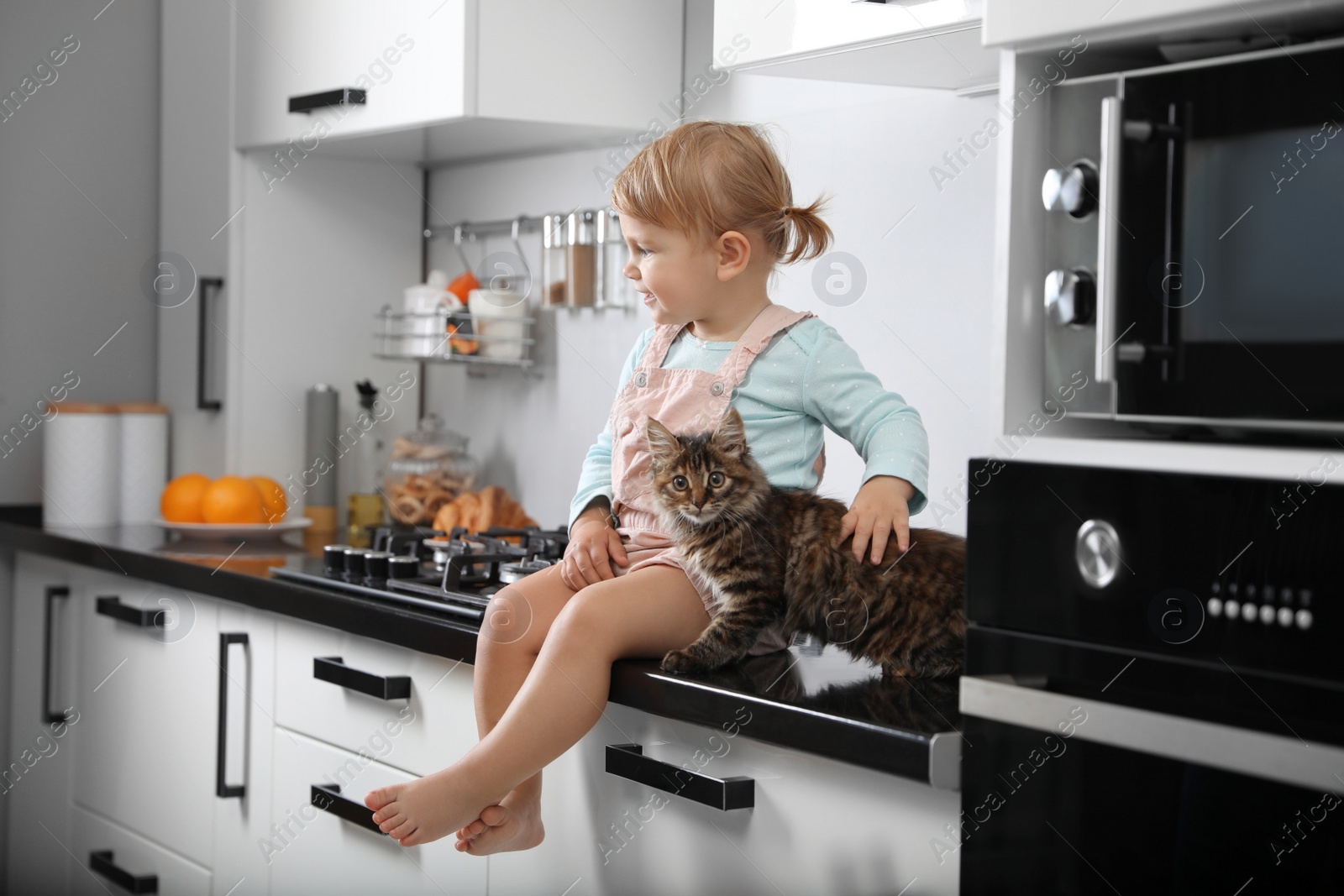 Photo of Cute little child sitting with adorable pet on countertop in kitchen