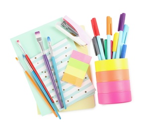 Set of colorful school stationery on white background, top view