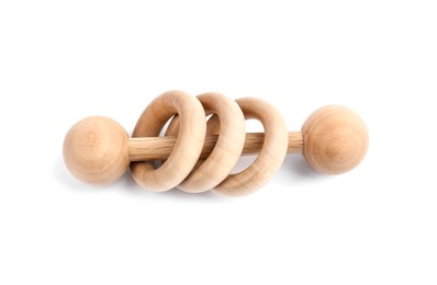 Photo of Wooden rattle isolated on white. Children's toy