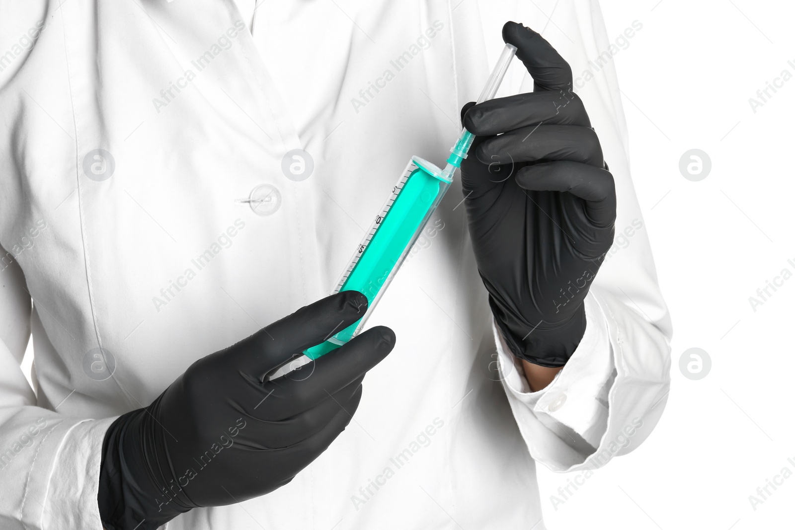 Photo of Doctor in medical gloves holding empty syringe on white background