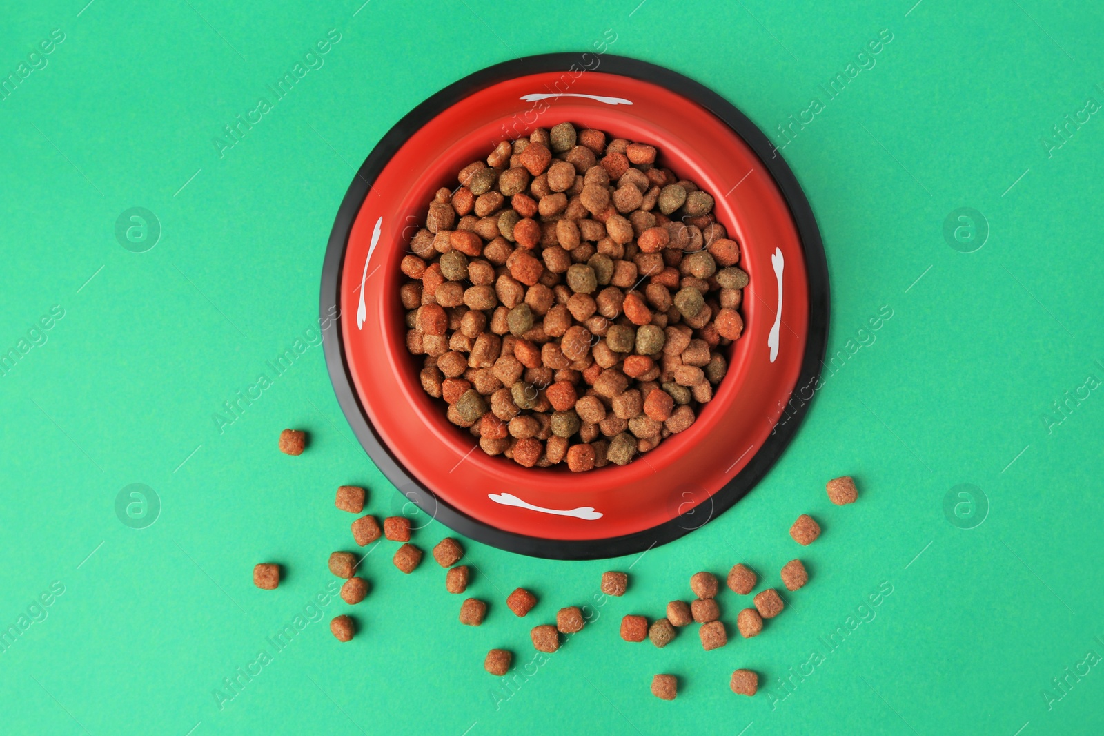 Photo of Dry dog food and feeding bowl on green background, flat lay